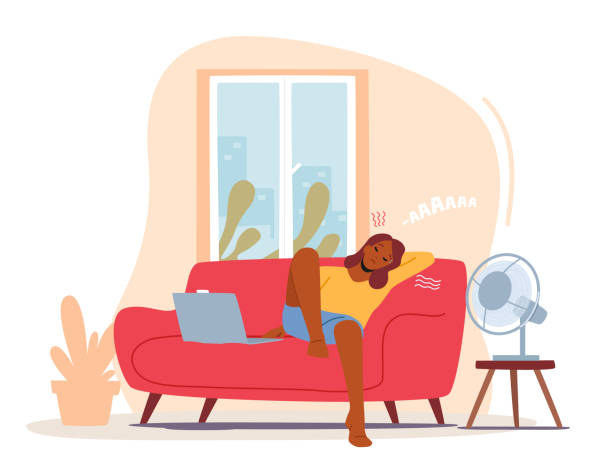 ilustraciones, imágenes clip art, dibujos animados e iconos de stock de personaje femenino infeliz sudando sentado en casa con el ventilador que trabaja sufriendo de alta temperatura durante el período caluroso - extremal