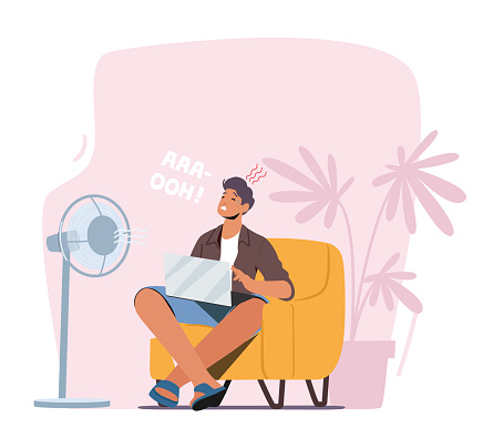 Summer Time Hot Period Concept. Sweltering in Heat Male Character Sitting on Sofa Trying to Work under Fan or Ventilator