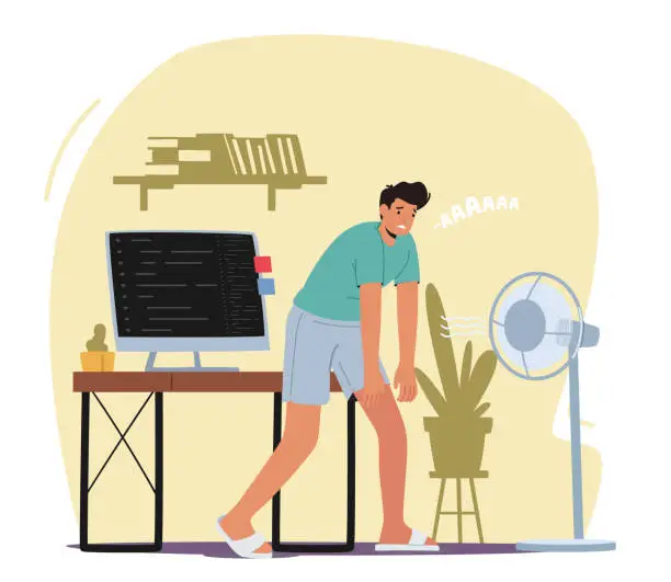 Vector illustration of Heat Stroke, Heating Weather, Summer Time Hot Period Concept. Sweltering in Heat Male Character Trying to Cool and Work