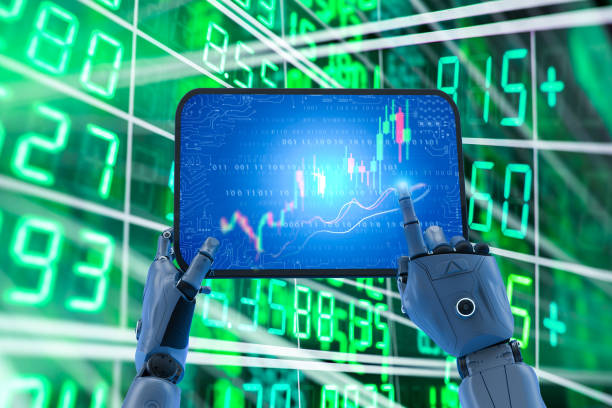 Trading robot with ai robot with digital tablet display candle stick graph stock photo