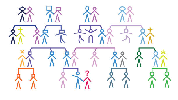 Multi-generational family tree infographic showing the relationships of cousins, parents, siblings, partners and grandparents. Colourful stick figures showing relationship between family members pics of family tree chart stock illustrations