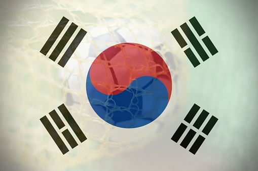 South Korea flag with Soccer ball in goal as background, sport and success business concept.