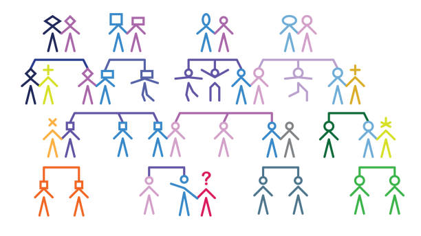 Multi-generational family tree infographic showing the relationships of cousins, parents, siblings, partners and grandparents. Colourful stick figures showing relationship between family members. Please replace previous upload with larger version. family tree chart stock illustrations