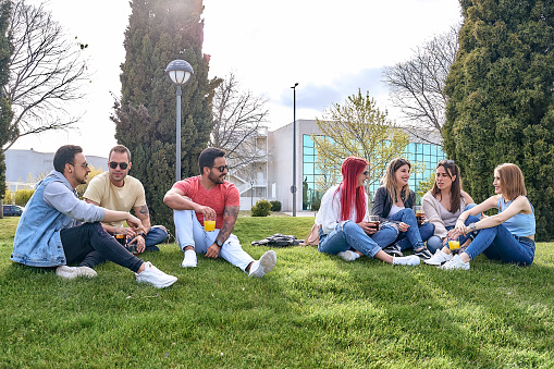 Group of guys sitting in a park next to a group of girls, drinking and hanging out on a sunny day.