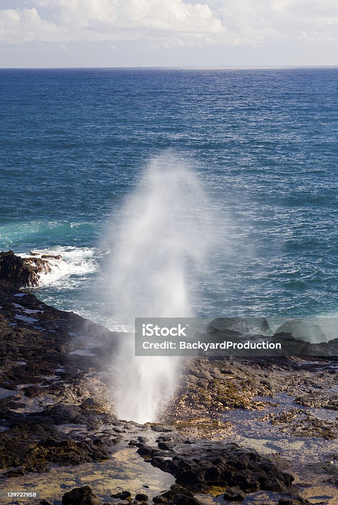 Spouting Horn off Poipu in Kauai Vent of water from underneath lava rocks on coast of Kauai Active Volcano Stock Photo