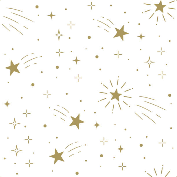 ilustraciones, imágenes clip art, dibujos animados e iconos de stock de patrón de estrella dorada sin costuras sobre fondo blanco - star trail galaxy pattern star