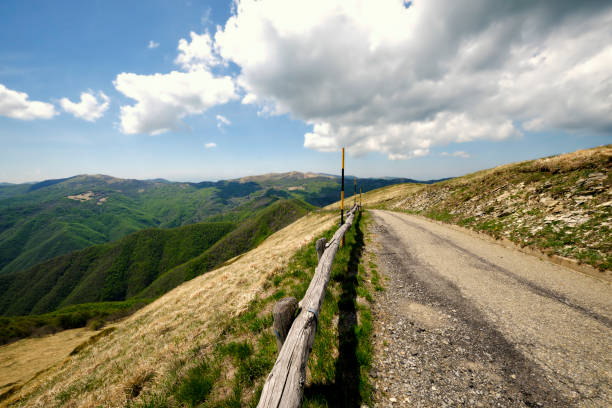 The street descending from the Lesima Peak (Lombardy, Northern Italy); is a small mountain near the borders between Piedmont, Lombardy and Emilia Regions, home of an aviation balloon-shaped radar.