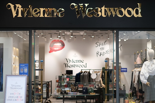 Shanghai,China-March 6th 2022:  facade of Vivienne Westwood clothing store.  Luxury fashion brand