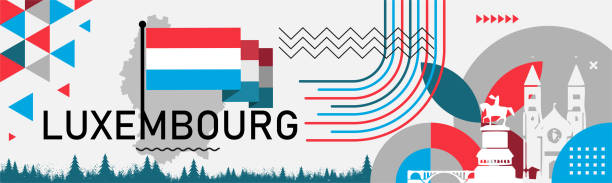 Flag of Luxembourg and map for national day banner and abstract city landmarks. Luxembourg national day banner with Luxembourger map, flag colors theme background and geometric abstract retro modern red white blue design. Luxembourg city landmarks Vector Illustration. luxemburg stock illustrations