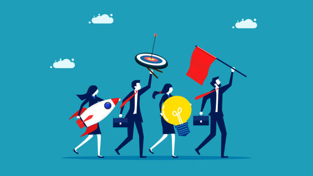 Start a new company. Businessman holding a red flag. Holding a rocket. Light bulb concept and target plan. entrepreneurship vector art illustration