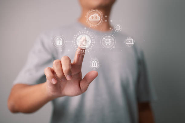 istock Online transactions, Businessman touching fingerprint scan gives security interface payment shopping banking and cloud computing network connection on virtual screen. 1397302456