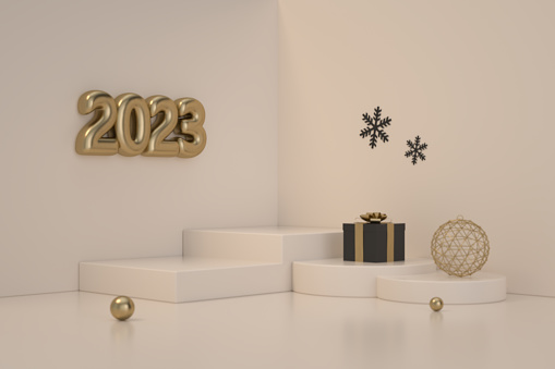 3d renderings of 2023 New Year, Christmas ornaments, Happy New year, Countdown,  beginnings, calendar, podium, staircase. Cream colored.