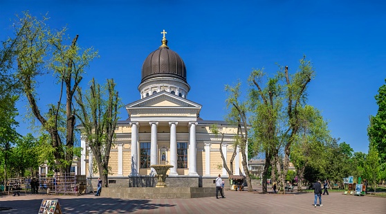 Odessa, Ukraine 06.05.2022. Transfiguration Cathedral in Odessa, Ukraine, on a sunny spring day