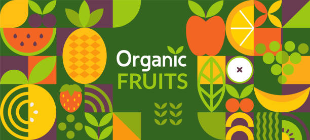 ilustraciones, imágenes clip art, dibujos animados e iconos de stock de banner de fruta ecológica en formas geométricas - vegan food illustrations