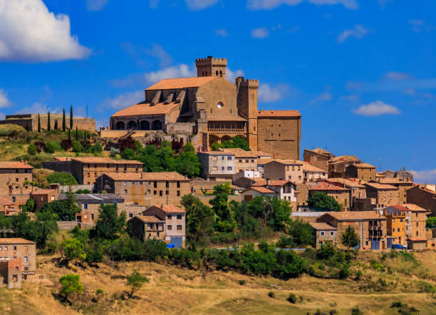 picturesque hilltop medieval village of ujue in navarra, northern spain - navarra imagens e fotografias de stock