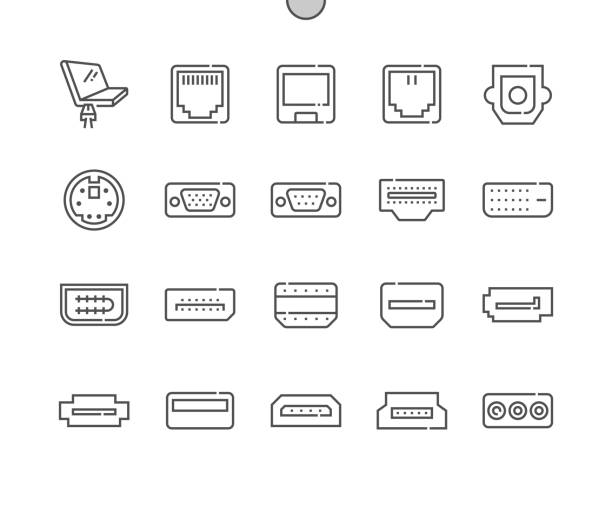 illustrations, cliparts, dessins animés et icônes de ports de l’ordinateur. rj-45, hdmi, sata, dvi, usb et autres. connecteurs d’ordinateur. port vga. icônes de ligne mince vectorielle parfaite au pixel près. pictogramme minimal simple - domino électrique