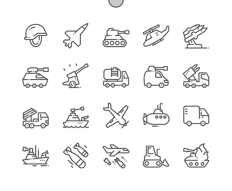 Military equipment. UAV, ZRK buk, tank, artillery, armored car. Army. Military transport. Pixel Perfect Vector Thin Line Icons. Simple Minimal Pictogram