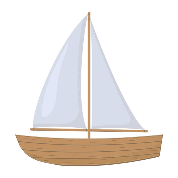 Wooden boat with sail color vector illustration in cartoon style on a white background. Wooden boat with sail color vector illustration in cartoon style on a white background rowing boat fishing stock illustrations