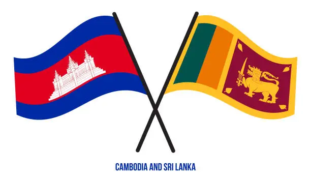 Vector illustration of Cambodia and Sri Lanka Flags Crossed And Waving Flat Style. Official Proportion. Correct Colors