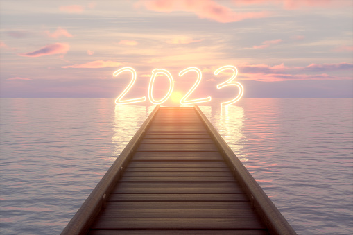 3d rendering of 2023 neon light new year wooden bridge pier on sea.