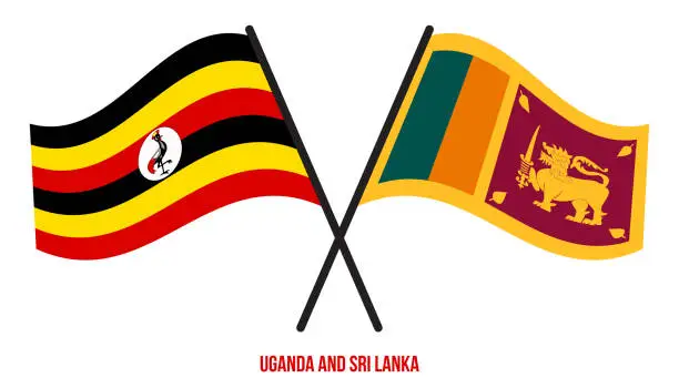 Vector illustration of Uganda and Sri Lanka Flags Crossed And Waving Flat Style. Official Proportion. Correct Colors.