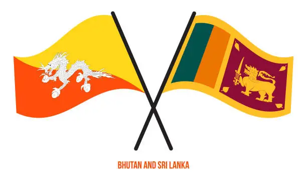 Vector illustration of Bhutan and Sri Lanka Flags Crossed And Waving Flat Style. Official Proportion. Correct Colors