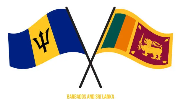 Vector illustration of Barbados and Sri Lanka Flags Crossed And Waving Flat Style. Official Proportion. Correct Colors