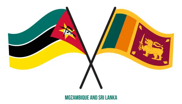 Vector illustration of Mozambique and Sri Lanka Flags Crossed And Waving Flat Style. Official Proportion. Correct Colors.