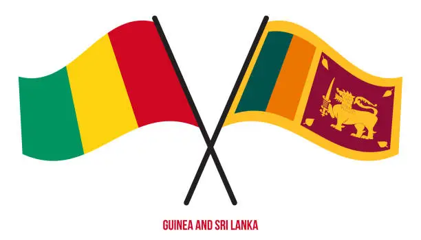 Vector illustration of Guinea and Sri Lanka Flags Crossed And Waving Flat Style. Official Proportion. Correct Colors.