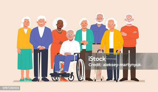istock Group of elderly people stand together. Happy seniors, old men and women of different nations 1397310103
