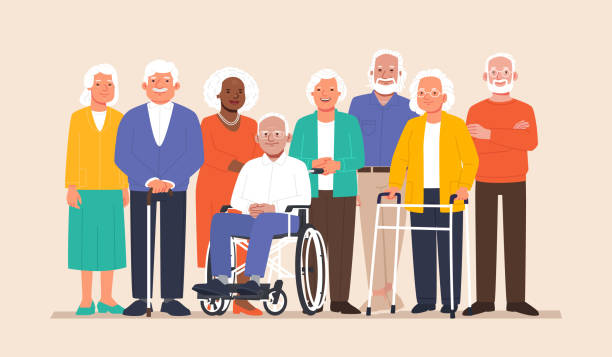 Group of elderly people stand together. Happy seniors, old men and women of different nations Group of elderly people stand together. Happy seniors, old men and women of different nations on an isolated background. Vector illustration in flat style old stock illustrations