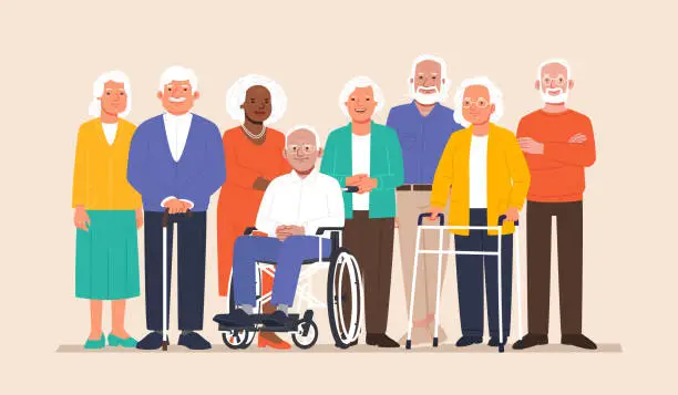 Vector illustration of Group of elderly people stand together. Happy seniors, old men and women of different nations