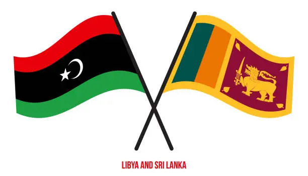 Vector illustration of Libya and Sri Lanka Flags Crossed And Waving Flat Style. Official Proportion. Correct Colors.