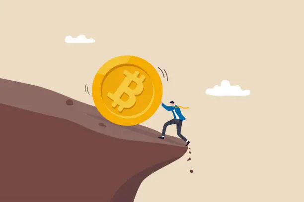 Vector illustration of Pushing Bitcoin prevent from price falling down, cryptocurrency risk, fluctuation or volatility, crypto crisis or panic sales concept, businessman investor push Bitcoin from falling down the cliff.