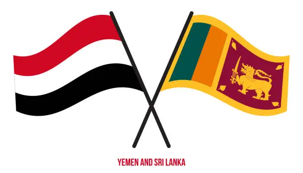 Vector illustration of Yemen and Sri Lanka Flags Crossed And Waving Flat Style. Official Proportion. Correct Colors.