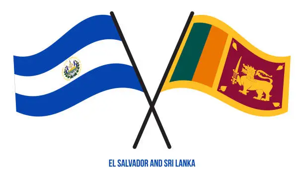 Vector illustration of El Salvador and Sri Lanka Flags Crossed And Waving Flat Style. Official Proportion. Correct Colors.