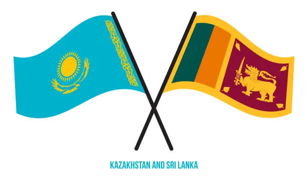 Vector illustration of Kazakhstan and Sri Lanka Flags Crossed And Waving Flat Style. Official Proportion. Correct Colors.