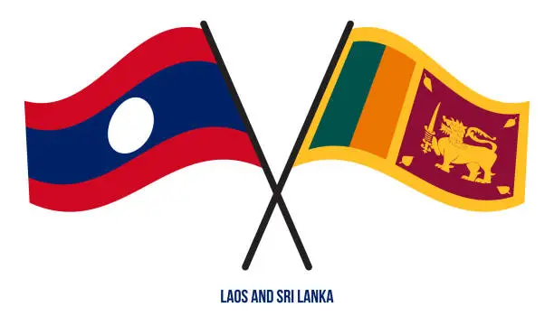 Vector illustration of Laos and Sri Lanka Flags Crossed And Waving Flat Style. Official Proportion. Correct Colors.