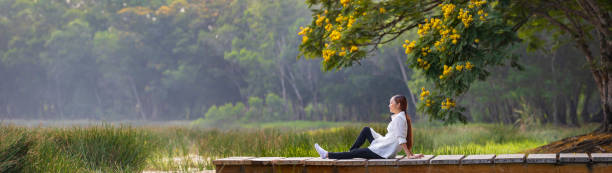 mulher asiática sentada à beira do cais com parque natural pacífico durante o verão com flor amarela para recreação serena e relaxante ao ar livre - lake tranquil scene landscape zen like - fotografias e filmes do acervo