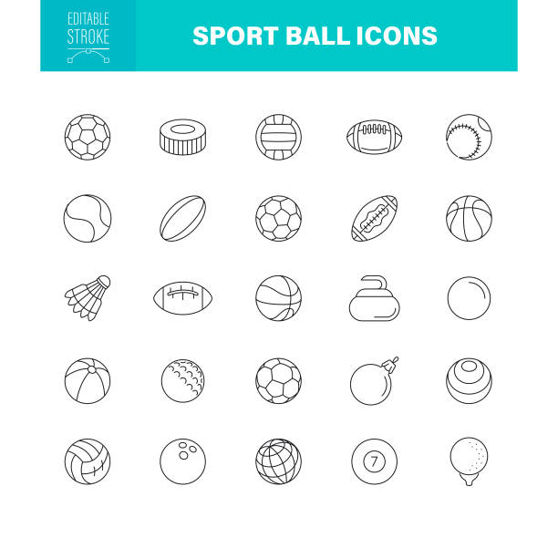 illustrations, cliparts, dessins animés et icônes de icônes de balles de sport trait modifiable. l’ensemble contient des icônes comme football, rugby, basketball, tennis de table, hockey sur glace - rugby