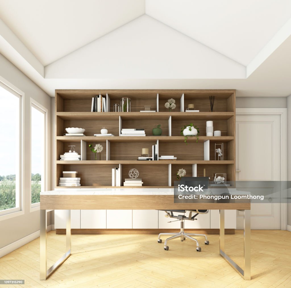 Nordic style workroom Nordic style workroom with bookshelf and wood floor. 3d rendering Apartment Stock Photo