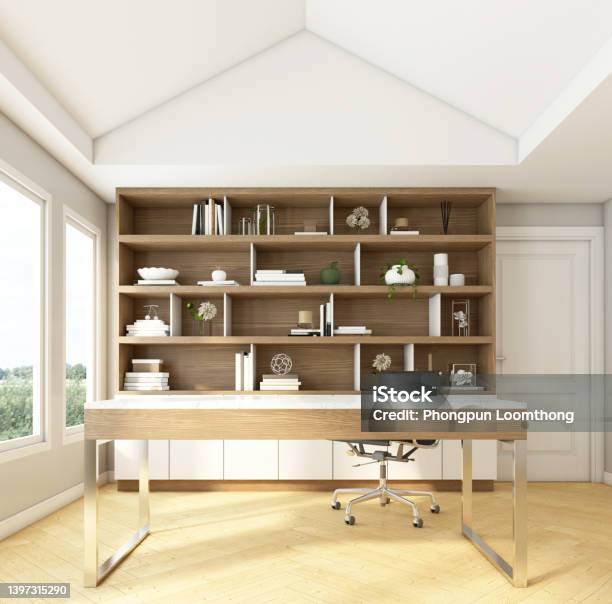 Nordic Style Workroom Stock Photo - Download Image Now - Apartment, Architecture, Bookshelf