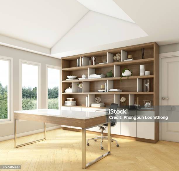 Nordic Style Workroom Stock Photo - Download Image Now - Apartment, Architecture, Bookshelf