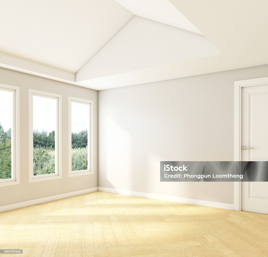 Nordic style empty room Nordic style empty room with gray wall and wood floor. 3d rendering Indoors Stock Photo