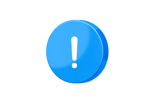 Blue exclamation mark 3d icon isolated on white background of notification warning sign attention button or important advice notice information symbol and alert caution support faq question answer.