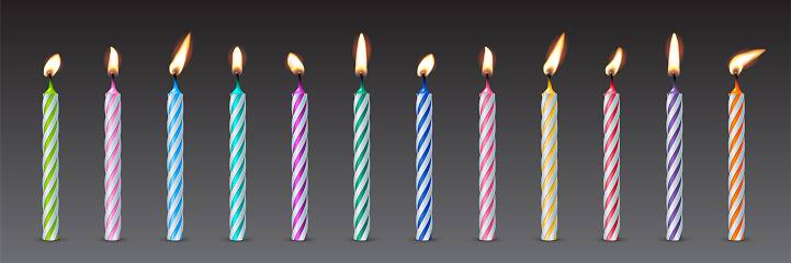 3d realistic striped colorful candles for birthday cake or pie vector illustration. Holiday candles with burning flames in night, candlelight on wicks, celebration objects on transparent background