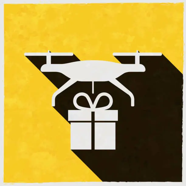 Vector illustration of Delivery drone with gift. Icon with long shadow on textured yellow background