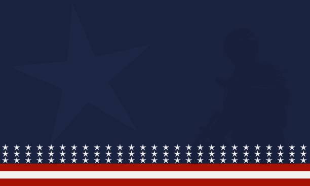 illustrazioni stock, clip art, cartoni animati e icone di tendenza di bandiera americana con la silhouette di un soldato veterano e l'area dello spazio di copia. adatto per essere posizionato su contenuti con quel tema. - veteran government day president