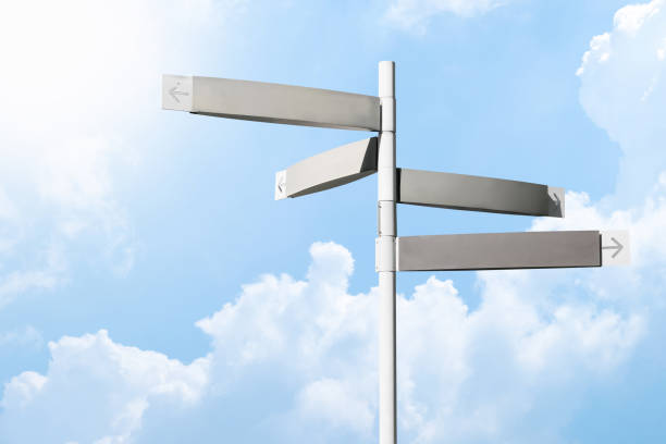 istock Direction signpost with cloudy blue sky background. Many blank direction road sign with copy space. 1397324366