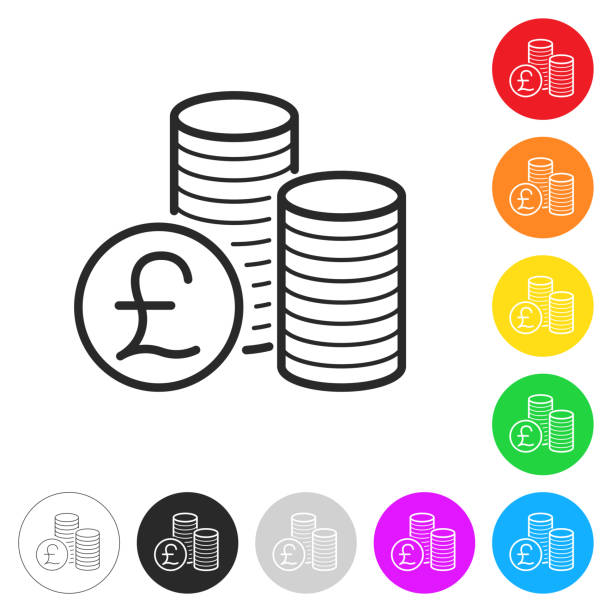 Pound coins stacks. Icon on colorful buttons Icon of "Pound coins stacks" isolated on white background. Includes 9 colorful buttons with a flat design style for your design (colors used: red, orange, yellow, green, blue, purple, gray, black, white, line art). Each icon is separated on its own layer. Vector Illustration with editable strokes or outlines (EPS file, well layered and grouped). Easy to edit, manipulate, resize or colorize. Vector and Jpeg file of different sizes. one pound coin stock illustrations